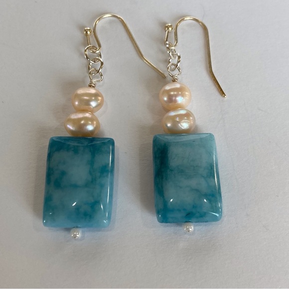 Hand Crafted Jewelry - Artisan Larimar & Freshwater Pearls Earrings Blue